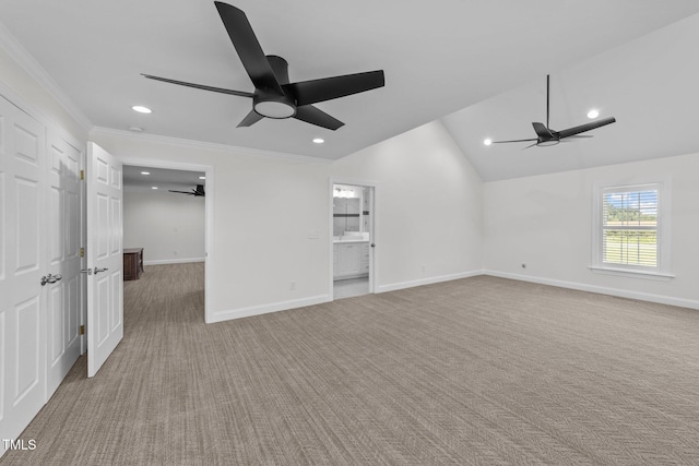 7390 NC-50, Angier, NC 27501 - carpeted spare room with a ceiling fan, recessed lighting, crown molding, and lofted ceiling