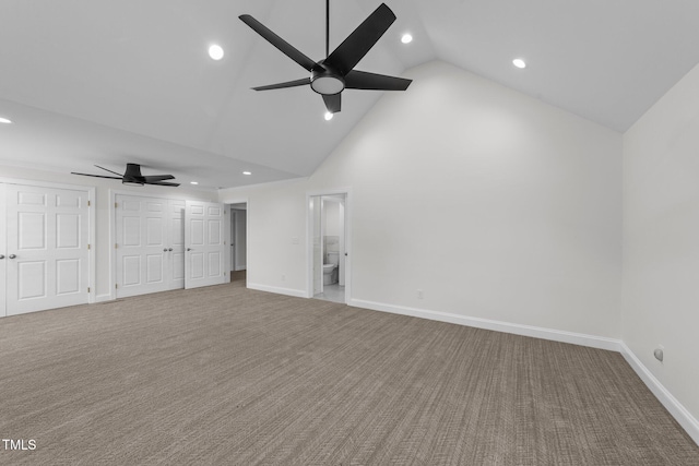 7390 NC-50, Angier, NC 27501 - unfurnished bedroom featuring high vaulted ceiling, recessed lighting, carpet, ceiling fan, and two closets
