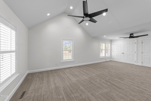 7390 NC-50, Angier, NC 27501 - unfurnished bedroom featuring carpet, recessed lighting, high vaulted ceiling, and a ceiling fan