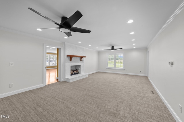 7390 NC-50, Angier, NC 27501 - unfurnished living room featuring a ceiling fan, ornamental molding, recessed lighting, light colored carpet, and a fireplace