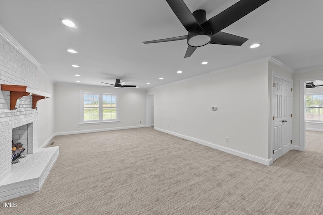 7390 NC-50, Angier, NC 27501 - unfurnished living room with crown molding, a ceiling fan, light colored carpet, recessed lighting, and a brick fireplace