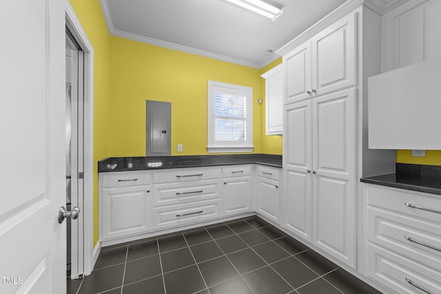 7390 NC-50, Angier, NC 27501 - kitchen featuring electric panel, ornamental molding, dark countertops, dark tile patterned floors, and white cabinetry