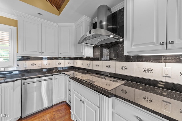 7390 NC-50, Angier, NC 27501 - kitchen featuring dishwasher, wall chimney range hood, white electric cooktop, white cabinets, and tasteful backsplash