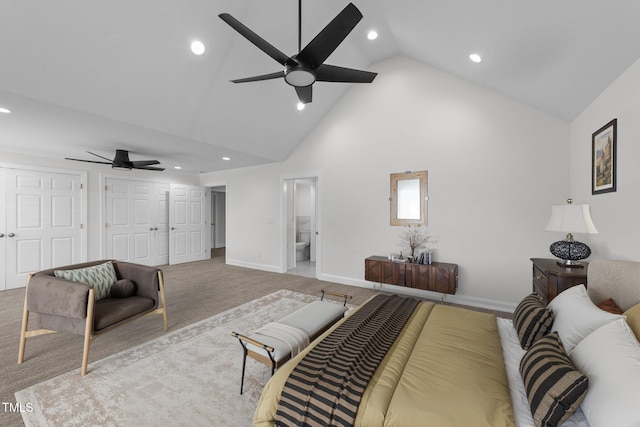 7390 NC-50, Angier, NC 27501 - living room featuring ceiling fan, high vaulted ceiling, and recessed lighting