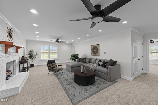 7390 NC-50, Angier, NC 27501 - living area featuring light carpet, a ceiling fan, recessed lighting, plenty of natural light, and a brick fireplace