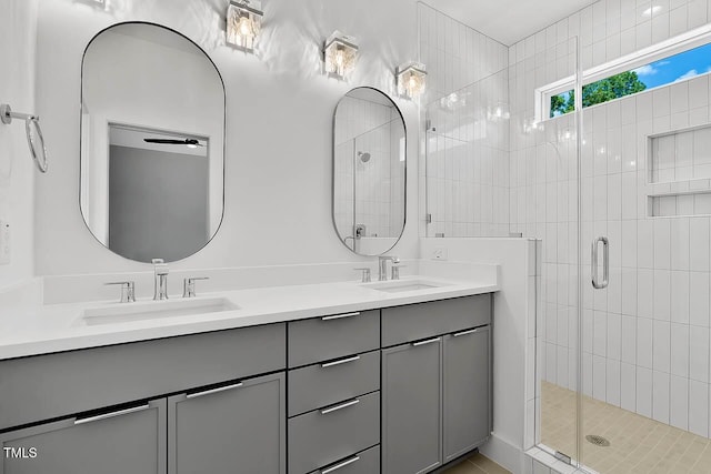 140 E End Ave, Durham, NC 27703 - bathroom with double vanity and a stall shower
