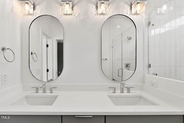 140 E End Ave, Durham, NC 27703 - bathroom with double vanity and a shower with shower door