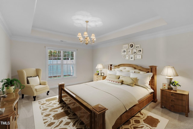 4710 Ludwell Branch Ct, Raleigh, NC 27612 - bedroom featuring a raised ceiling, light carpet, a chandelier, and ornamental molding