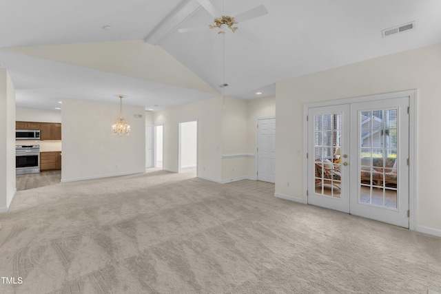 4710 Ludwell Branch Ct, Raleigh, NC 27612 - unfurnished living room with french doors, light carpet, a chandelier, and ceiling fan