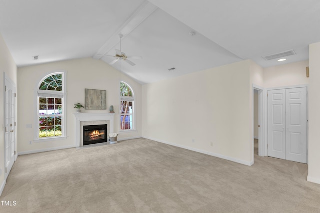 4710 Ludwell Branch Ct, Raleigh, NC 27612 - unfurnished living room with light carpet, a ceiling fan, and a fireplace with flush hearth