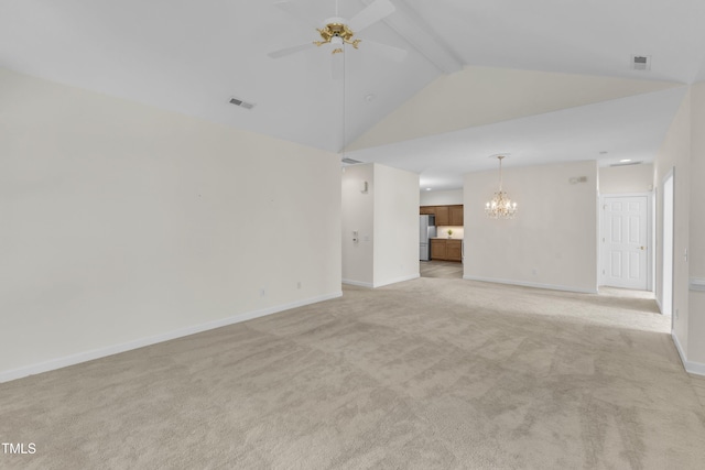 4710 Ludwell Branch Ct, Raleigh, NC 27612 - unfurnished living room featuring a chandelier, ceiling fan, light colored carpet, beam ceiling, and high vaulted ceiling