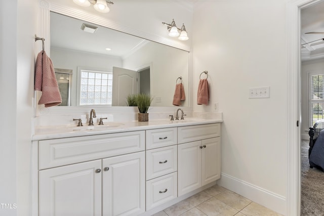 2512 Stewart St, Fuquay Varina, NC 27526 - full bathroom with ornamental molding, double vanity, and tile patterned flooring