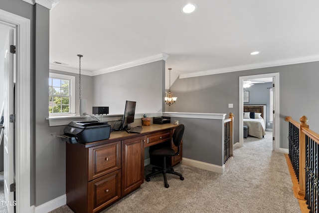 2512 Stewart St, Fuquay Varina, NC 27526 - office with ornamental molding, light carpet, recessed lighting, ceiling fan, and a chandelier