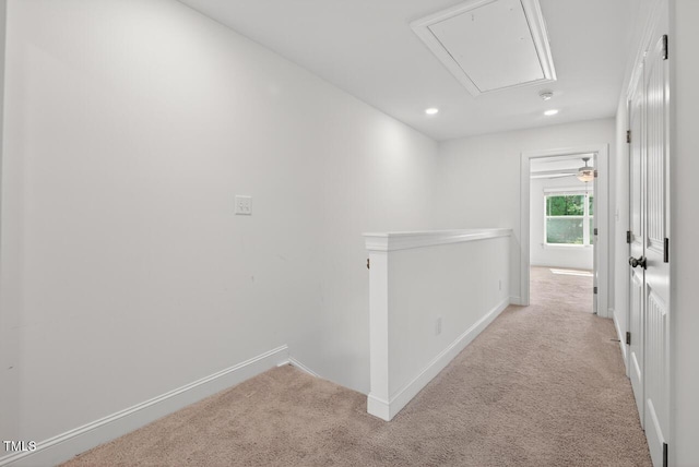305 Lionel St, Durham, NC 27705 - hallway featuring attic access, an upstairs landing, carpet, and recessed lighting