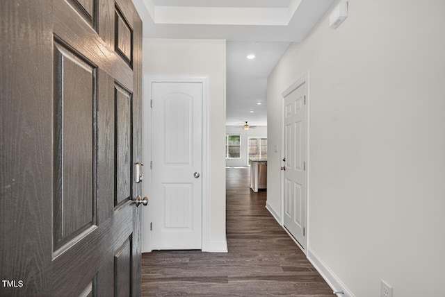 305 Lionel St, Durham, NC 27705 - foyer entrance featuring dark wood-style flooring, recessed lighting, and a ceiling fan