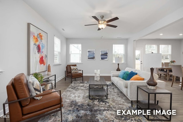 283 Old Fashioned Way, Lillington, NC 27546 - living room featuring plenty of natural light, wood finished floors, a ceiling fan, and recessed lighting