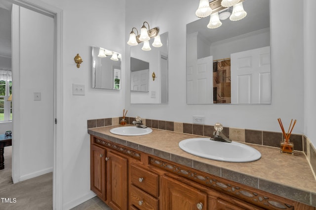 9633 Grassy Creek Rd, Bullock, NC 27507 - full bathroom with a chandelier, double vanity, ornamental molding, and a shower with shower curtain