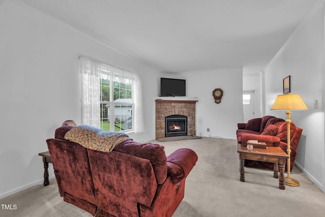 9633 Grassy Creek Rd, Bullock, NC 27507 - living area with light colored carpet, crown molding, and a stone fireplace