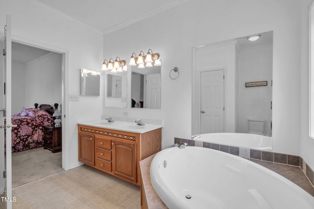 9633 Grassy Creek Rd, Bullock, NC 27507 - bathroom with ensuite bathroom, a bath, double vanity, and ornamental molding