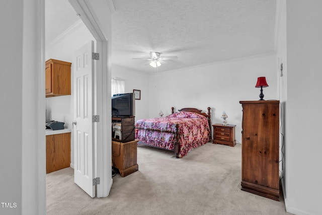 9633 Grassy Creek Rd, Bullock, NC 27507 - bedroom with light colored carpet, ornamental molding, a textured ceiling, and a ceiling fan
