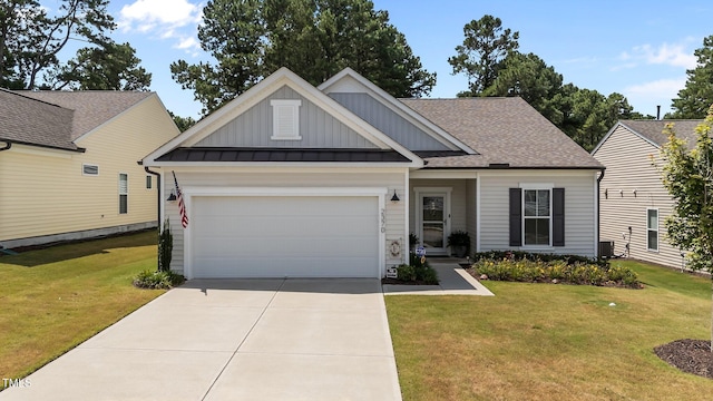 2370 Friars Head Ct, Fuquay Varina, NC 27526 - view of front of house featuring board and batten siding, a front lawn, a garage, driveway, and roof with shingles