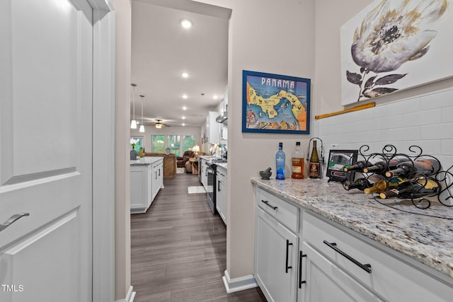 2370 Friars Head Ct, Fuquay Varina, NC 27526 - kitchen with white cabinets, light stone counters, tasteful backsplash, dark wood-style flooring, and recessed lighting