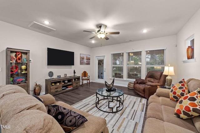2370 Friars Head Ct, Fuquay Varina, NC 27526 - living room featuring wood finished floors, ceiling fan, and recessed lighting