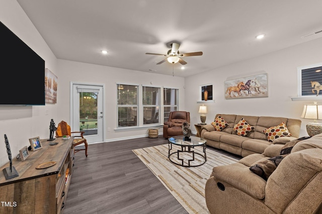 2370 Friars Head Ct, Fuquay Varina, NC 27526 - living area featuring dark wood-style floors, ceiling fan, and recessed lighting