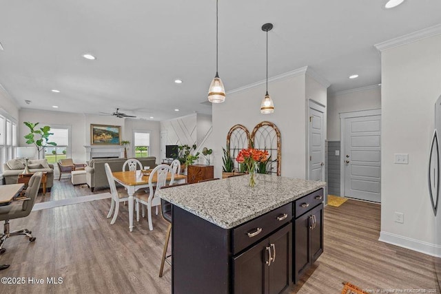 829 Warwick Ln, Carthage, NC 28327 - kitchen with a ceiling fan, light wood finished floors, recessed lighting, crown molding, and a fireplace