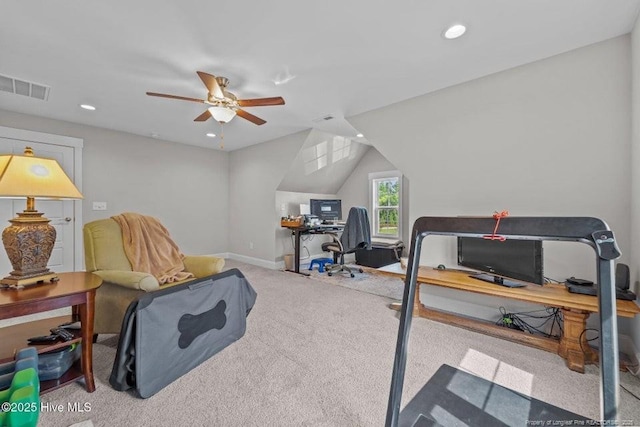 829 Warwick Ln, Carthage, NC 28327 - bedroom with carpet flooring, an office area, recessed lighting, and a ceiling fan