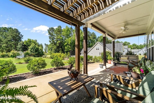 829 Warwick Ln, Carthage, NC 28327 - view of patio / terrace featuring a ceiling fan, a pergola, and view of scattered trees