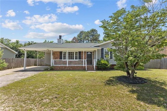 801 Algood Ave, Hope Mills, NC 28348 - ranch-style house featuring a porch, driveway, an attached carport, a chimney, and brick siding