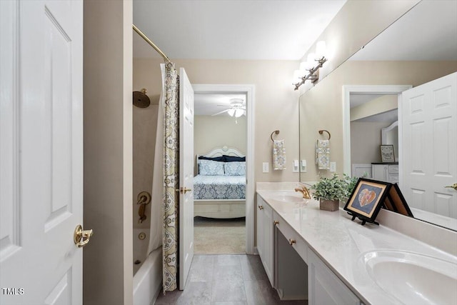 4742 Ludwell Branch Ct, Raleigh, NC 27612 - bathroom featuring ensuite bathroom, double vanity, shower / bath combo, and ceiling fan