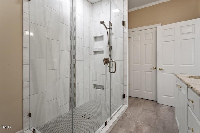 4742 Ludwell Branch Ct, Raleigh, NC 27612 - bathroom featuring a stall shower, ornamental molding, and vanity