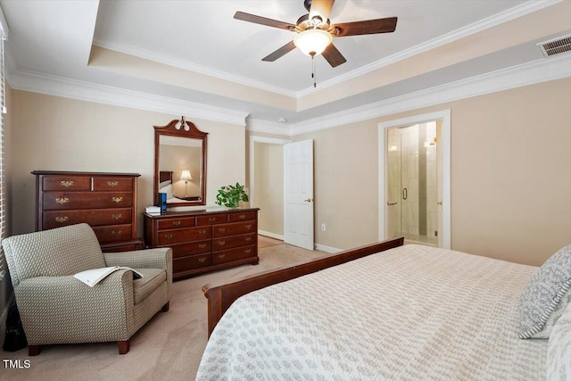4742 Ludwell Branch Ct, Raleigh, NC 27612 - bedroom with light carpet, crown molding, a tray ceiling, a ceiling fan, and connected bathroom