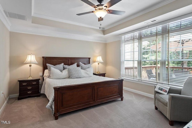 4742 Ludwell Branch Ct, Raleigh, NC 27612 - bedroom featuring light carpet, crown molding, a tray ceiling, and ceiling fan