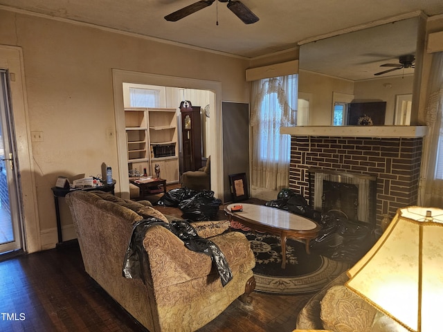 2928 N Patterson Ave, Winston-Salem, NC 27105 - living room featuring ceiling fan, hardwood / wood-style floors, a fireplace, and ornamental molding