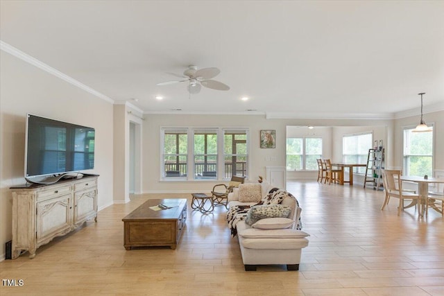 470 Duggins Pt, Apex, NC 27523 - living room with crown molding, a ceiling fan, light wood finished floors, and recessed lighting