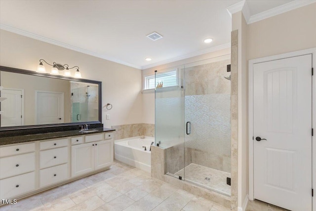 470 Duggins Pt, Apex, NC 27523 - full bath featuring a garden tub, vanity, a shower stall, crown molding, and tile patterned flooring