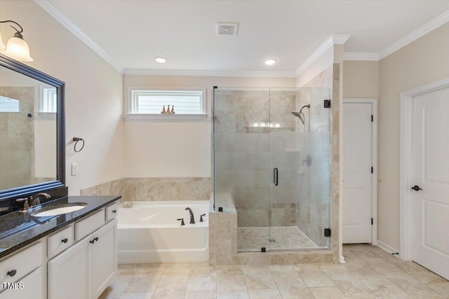 470 Duggins Pt, Apex, NC 27523 - full bathroom featuring vanity, a bath, a shower stall, ornamental molding, and tile patterned floors