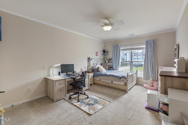 470 Duggins Pt, Apex, NC 27523 - bedroom featuring light carpet, crown molding, an office area, and a ceiling fan