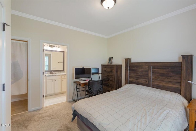 470 Duggins Pt, Apex, NC 27523 - bedroom featuring ornamental molding, light colored carpet, and ensuite bath
