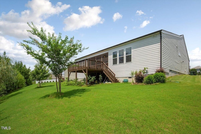 470 Duggins Pt, Apex, NC 27523 - rear view of property featuring crawl space, stairs, a deck, and a lawn
