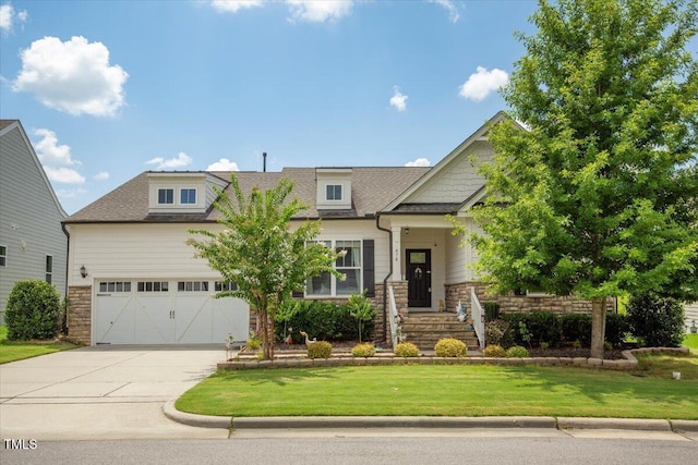 470 Duggins Pt, Apex, NC 27523 - craftsman inspired home with driveway, a garage, a front lawn, and stone siding