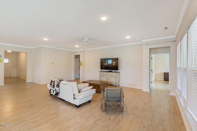 470 Duggins Pt, Apex, NC 27523 - living area with light wood-style flooring, recessed lighting, a ceiling fan, and crown molding