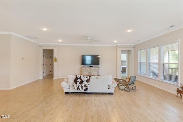 470 Duggins Pt, Apex, NC 27523 - living room with light wood-type flooring, a ceiling fan, ornamental molding, and recessed lighting