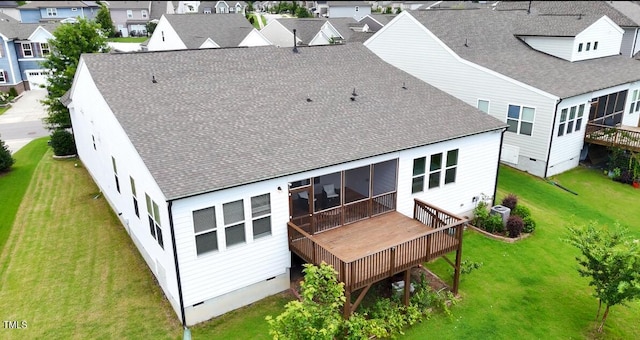 470 Duggins Pt, Apex, NC 27523 - back of property with crawl space, a deck, a residential view, roof with shingles, and a lawn