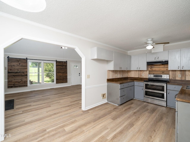 129 Nottingham Ct, Youngsville, NC 27596 - kitchen with range with two ovens, under cabinet range hood, light wood-style floors, a textured ceiling, and a ceiling fan
