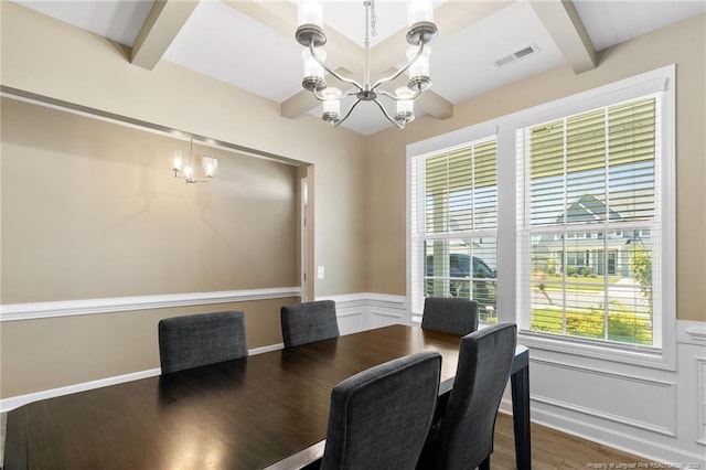 1657 Stackhouse Dr, Fayetteville, NC 28314 - dining area with a chandelier, wainscoting, beam ceiling, wood finished floors, and a decorative wall