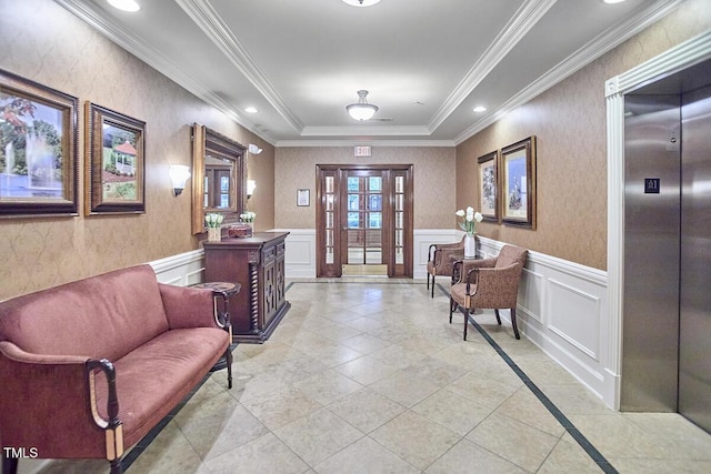 10410 Rosegate Ct Unit 105, Raleigh, NC 27617 - community lobby with ornamental molding, a wainscoted wall, a decorative wall, and recessed lighting